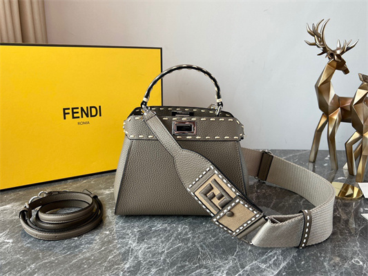 Fen.di Peekaboo Mini Bag Cuoio Romano Leather Grey Color With Topstitches