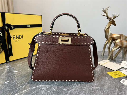 Fen.di Peekaboo Iconic ISeeU Small Bag Cuoio Romano Leather Burgundy Color With Topstitches