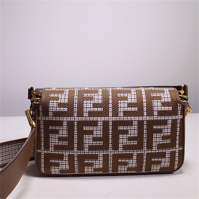 Fen.di BAGUETTE Houndstooth Wool Fabric Bag With Brown FF Embroidery