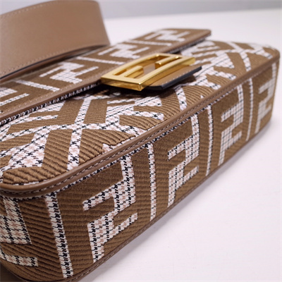 Fen.di BAGUETTE Houndstooth Wool Fabric Bag With Brown FF Embroidery