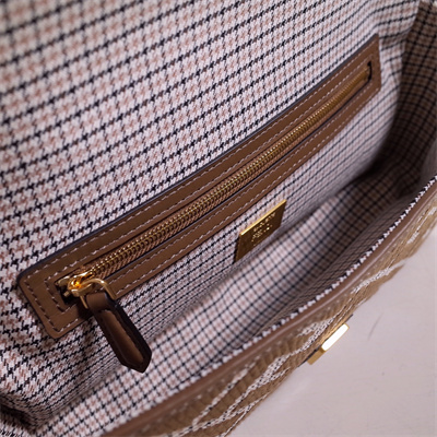 Fen.di BAGUETTE Houndstooth Wool Fabric Bag With Brown FF Embroidery