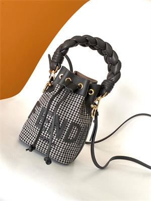 Fen.di MON TRESOR Houndstooth Wool Fabric Mini Bag With Black FF Embroidery