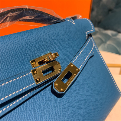 Kelly Pochette Bag Epsom Leather Gold/Silver hardware In Bley Jean Color HS