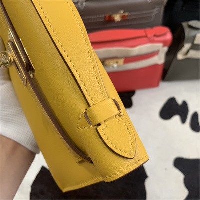 Kelly Pochette Bag Swift Leather Gold/Silver hardware In Jaune Amber Color HS