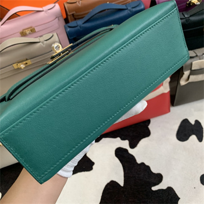 Kelly Pochette Bag Swift Leather Gold/Silver hardware In Malachite Color HS