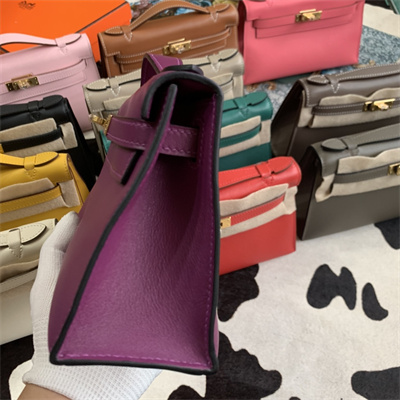 Kelly Pochette Bag Swift Leather Gold/Silver hardware In Rose Purple Color HS