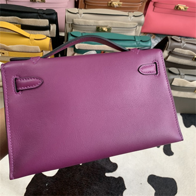 Kelly Pochette Bag Swift Leather Gold/Silver hardware In Rose Purple Color HS