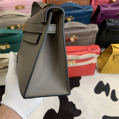 Kelly Pochette Bag Swift Leather Gold/Silver hardware In Etain Color HS