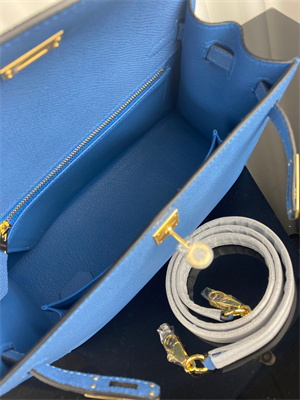 Kelly Sellier Bag Epsom Leather 25/28CM Gold/Silver Hardware In Bleu Zanzibar Color HS