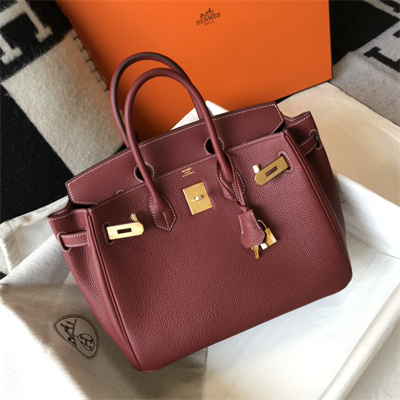 Bir.kin Bag Calfskin Leather 25/30/35CM Gold/Silver Hardware In Bordeaux Color