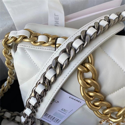 Chanel 19 Large Handbag Lambskin Gold Double C Metal White AS1161