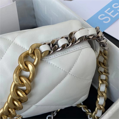 Chanel 19 Large Handbag Lambskin Gold Double C Metal White AS1161