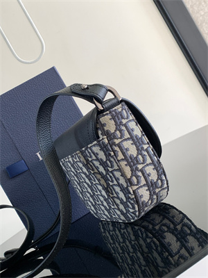 Di.or Mini Saddle Messenger Bag With Flap Beige and Black Oblique Jacquard With Black Grained Calfskin