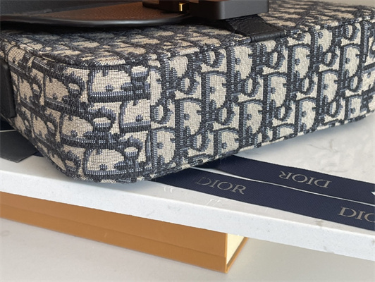 Di.or Small Saddle Messenger Bag With Flap Beige and Black Oblique Jacquard With Black Grained Calfskin