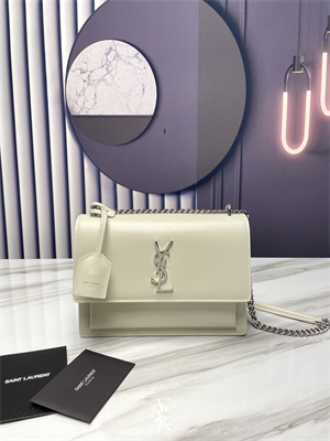 Y.S.L Sunset MEDIUM Bag In Smooth Leather Silver Tone Metal White Color