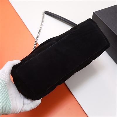 Y.S.L PUFFER SMALL In Suede Leather Silver Tone Metal Black Color