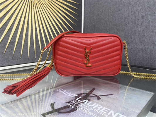 Y.S.L MINI LOU In Red Quilted Grain De Poudre Embossed Leather  Gold Tone Metal