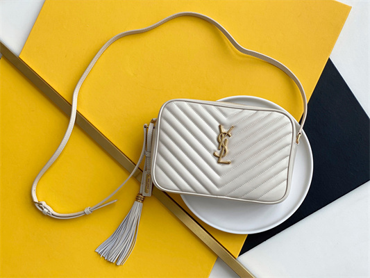 Y.S.L LOU CAMERA BAG In White Quilted Leather Gold Tone Metal