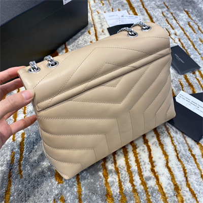 Y.S.L LOULOU SMALL In Beige Quilted Calfskin Leather Silver Tone Metal