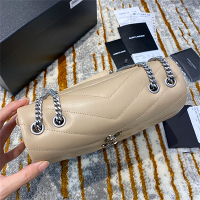 Y.S.L LOULOU SMALL In Beige Quilted Calfskin Leather Silver Tone Metal