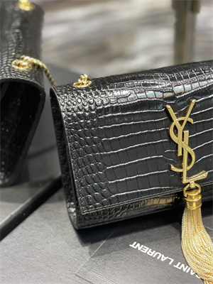 Y.S.L KATE SMALL TASSEL IN CROCODILE EMBOSSED Leather Gold Tone Metal Black Color