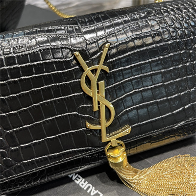 Y.S.L KATE SMALL TASSEL IN CROCODILE EMBOSSED Leather Gold Tone Metal Black Color