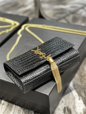 Y.S.L KATE SMALL TASSEL IN CROCODILE EMBOSSED Leather Gold Tone Metal Black Color
