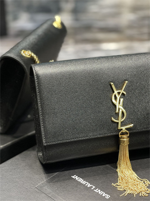 Y.S.L KATE MEDIUM TASSEL IN GRAIN DE POUDRE EMBOSSED LEATHER Gold Tone Metal Black Color