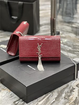 Y.S.L KATE MEDIUM TASSEL IN CROCODILE EMBOSSED Leather Silver Tone Metal Red Color