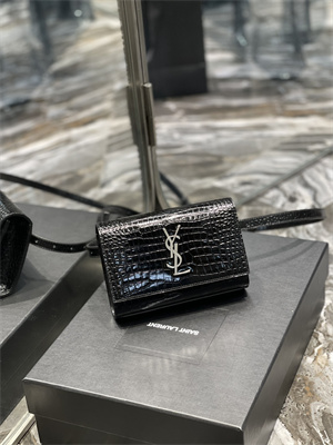 Y.S.L KATE BELT BAG IN CROCODILE EMBOSSED LEATHER Silver Tone Metal Black Color