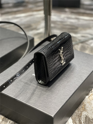 Y.S.L KATE BELT BAG IN CROCODILE EMBOSSED LEATHER Silver Tone Metal Black Color