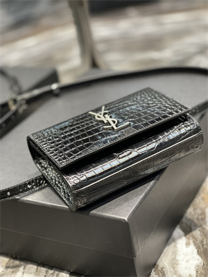 Y.S.L KATE BELT BAG IN CROCODILE EMBOSSED LEATHER Silver Tone Metal Black Color