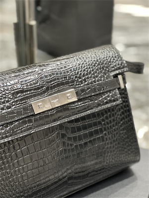 Y.S.L MANHATTAN Shoulder Bag In Black Shinny Crocodile Embossed Leather Silver Tone Metal