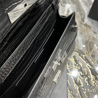 Y.S.L MANHATTAN Shoulder Bag In Black Shinny Crocodile Embossed Leather Silver Tone Metal