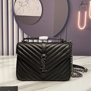 Y.S.L COLLEGE MEDIUM BAG IN QUILTED LEATHER Silver Tone Metal Black Color