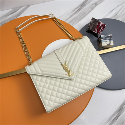 Y.S.L ENVELOPE LARGE IN QUILTED GRAIN DE POUDRE EMBOSSED LEATHER Gold Tone Metal White Color