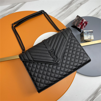 Y.S.L ENVELOPE LARGE IN QUILTED GRAIN DE POUDRE EMBOSSED LEATHER Black Tone Metal Black Color