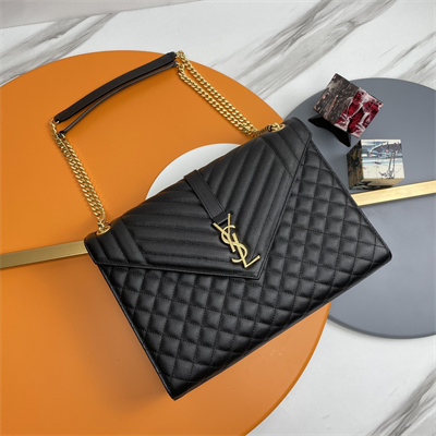 Y.S.L ENVELOPE LARGE IN QUILTED GRAIN DE POUDRE EMBOSSED LEATHER Gold Tone Metal Black Color