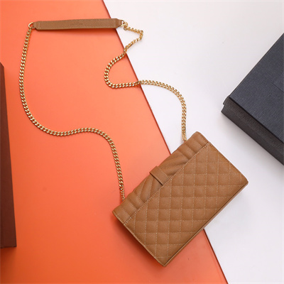 Y.S.L ENVELOPE SMALL IN QUILTED GRAIN DE POUDRE EMBOSSED LEATHER Gold Tone Metal Caramel Color
