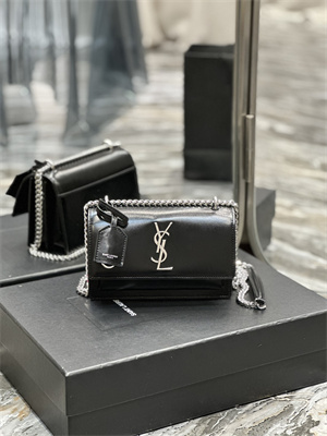 Y.S.L Sunset Small Bag In Smooth Leather Silver Tone Metal Black Color
