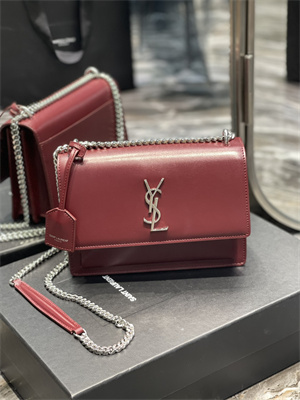 Y.S.L Sunset MEDIUM Bag In Smooth Leather Silver Tone Metal Burgundy Color