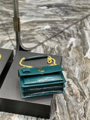 Y.S.L Sunset MEDIUM Bag In Crocodile Embossed Leather Gold Tone Metal Green Color