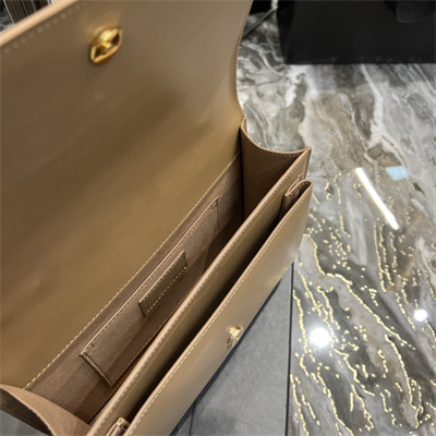 Y.S.L Sunset Top Handle Bag In Smooth Leather Gold Tone Metal Dk Beige Color