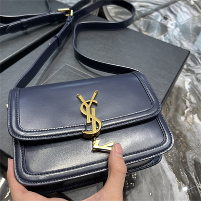 Y.S.L SOLFERINO SMALL SATCHEL IN BOX SAINT LAUREN Gold Tone Metal Navy Color