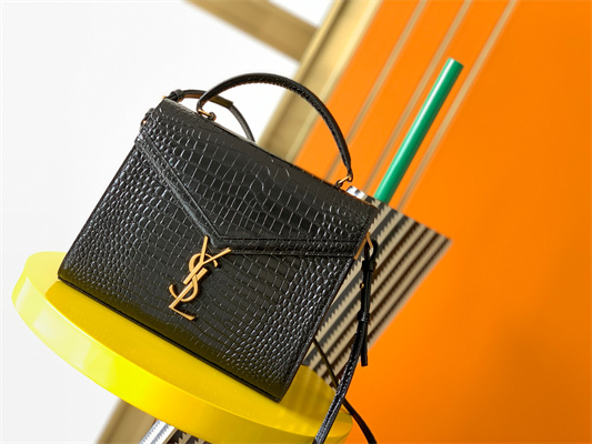 Y.S.L CASSANDRA MEDIUM TOP HANDLE BAG IN CROCODILE EMBOSSED LEATHER Gold Tone Metal Black Color