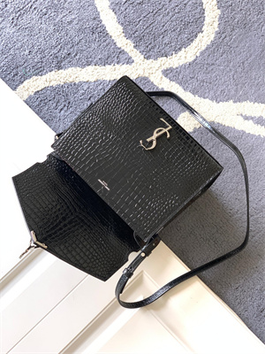 Y.S.L CASSANDRA MEDIUM TOP HANDLE BAG IN CROCODILE EMBOSSED LEATHER Silver Tone Metal Black Color