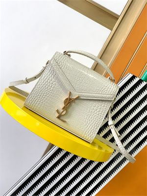 Y.S.L CASSANDRA MINI TOP HANDLE BAG IN CROCODILE EMBOSSED LEATHER Gold Tone Metal White Color