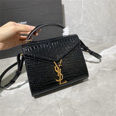 Y.S.L CASSANDRA MINI TOP HANDLE BAG IN CROCODILE EMBOSSED LEATHER Gold Tone Metal Black Color