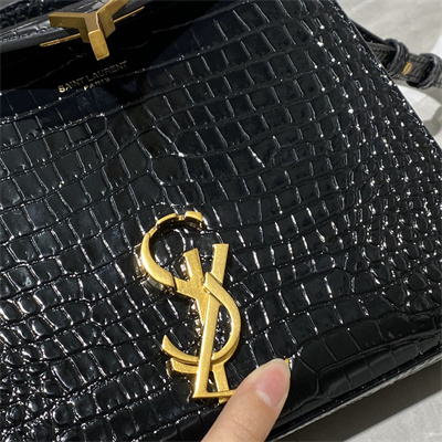 Y.S.L CASSANDRA MINI TOP HANDLE BAG IN CROCODILE EMBOSSED LEATHER Gold Tone Metal Black Color