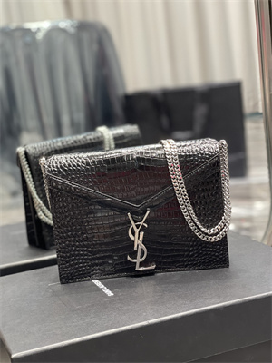 Y.S.L CASSANDRA CHAIN BAG IN CROCODILE EMBOSSED LEATHER Silver Tone Metal Black Color